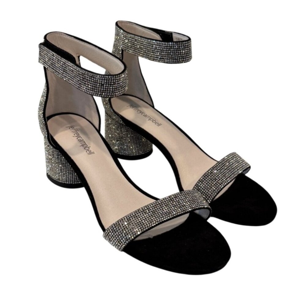 Jeffrey Campbell Heels Black Rhinestone Block Lindsay Sandal Shoes Size 8.5